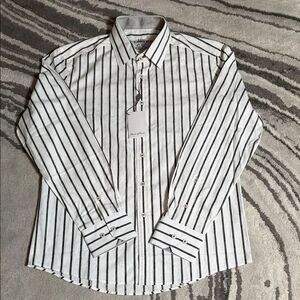 House Of Lords Gray and White Striped Men's Button Up Shirt